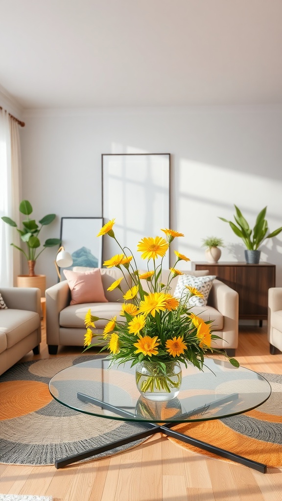 A sunny living room with a floral arrangement of yellow flowers on a glass coffee table.