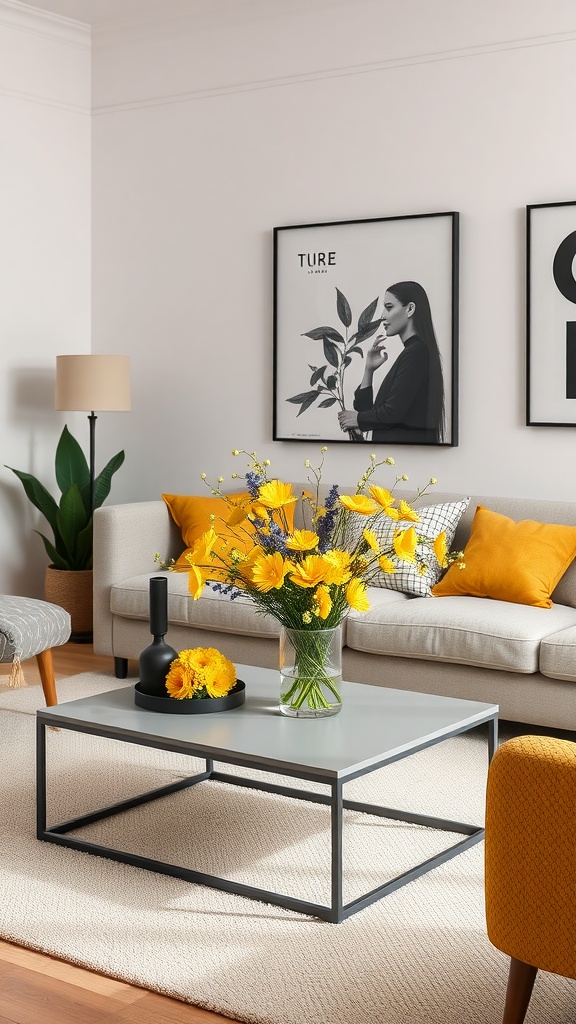 Living room with yellow floral arrangements on a grey coffee table, featuring a modern design.