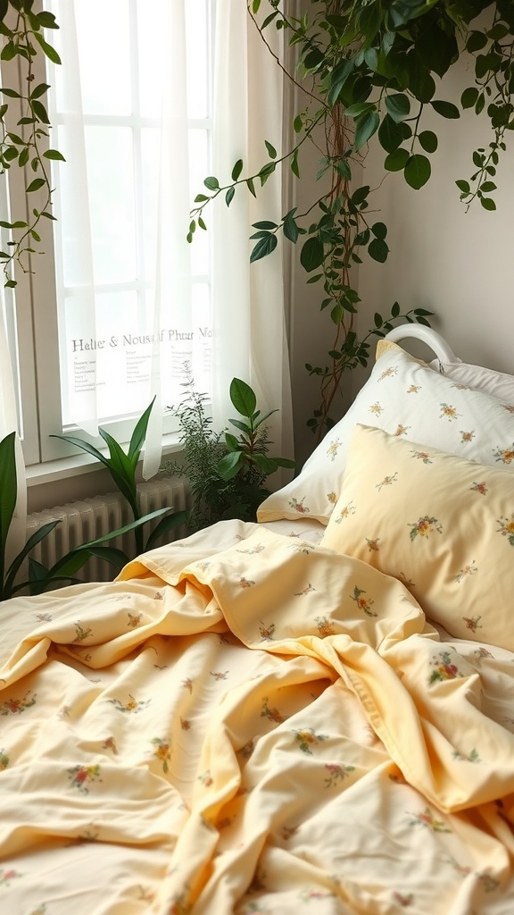 A cozy bedroom featuring yellow floral bedding with plants and soft curtains.