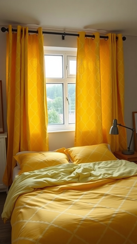 A cozy bedroom with yellow geometric patterned curtains and bedding, featuring a bright atmosphere.