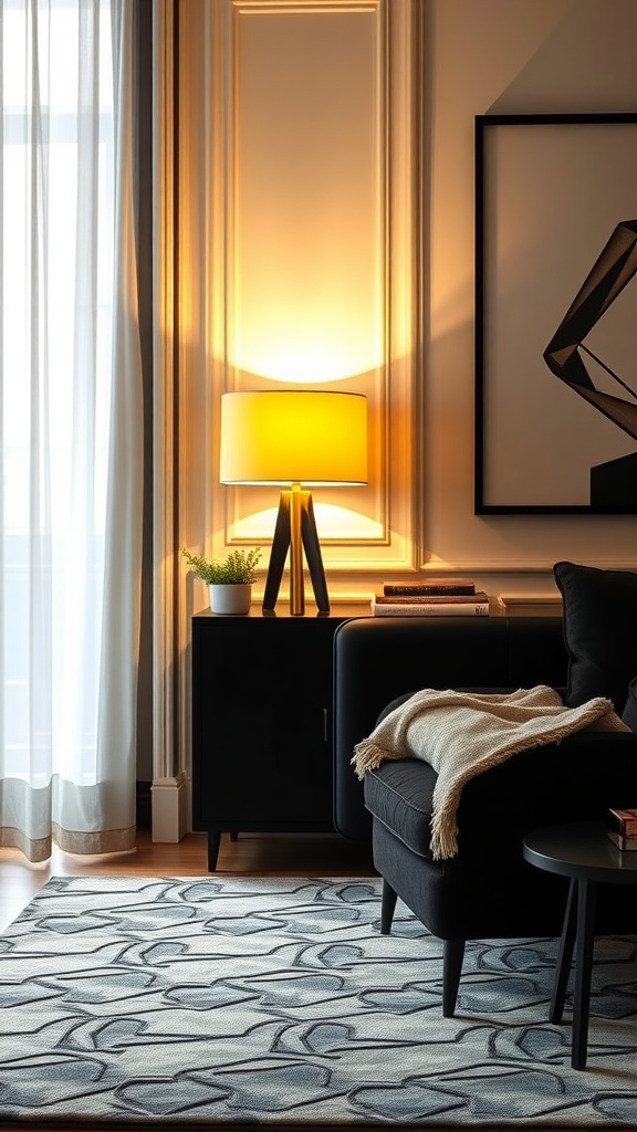 A cozy living room featuring a yellow lamp on black furniture, with a soft glow and modern decor.