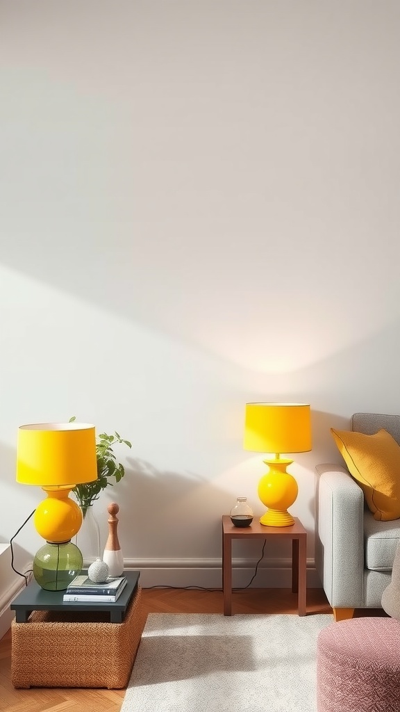 Living room with grey sofa and yellow lamps on side tables