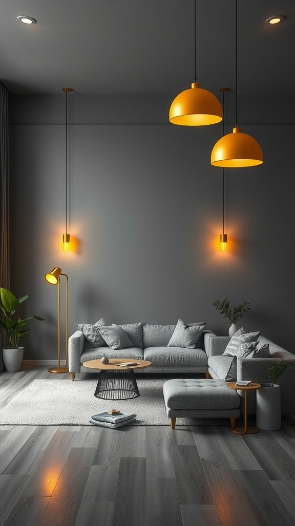 A modern living room with grey walls and furniture, brightened by yellow lighting fixtures.