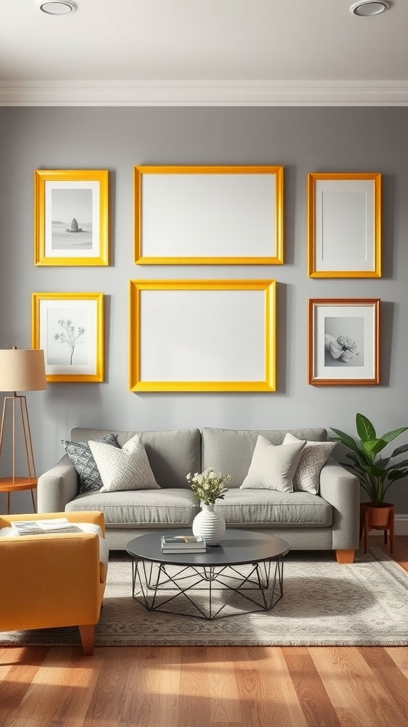 Living room with yellow picture frames on grey walls, featuring a grey sofa and yellow accent chair.