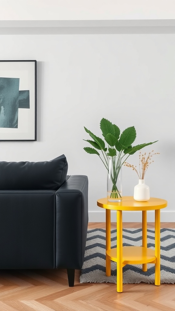 A yellow side table beside a black couch in a modern living room setting.