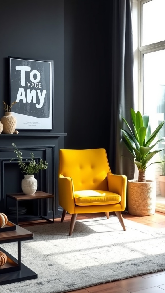 A bright yellow statement chair in a black decorated living room, with plants and a stylish side table.