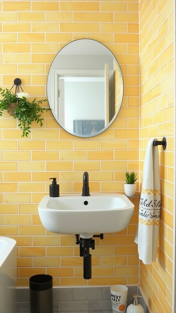 A bright bathroom featuring yellow subway tile backsplash, a modern sink, and decorative plants.