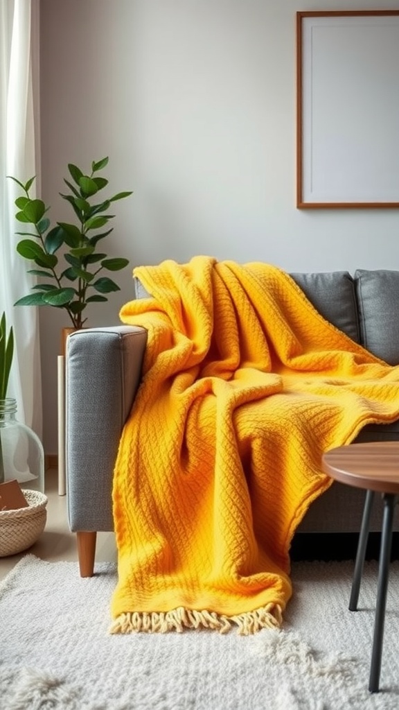 A cozy living room with a grey couch and a vibrant yellow throw draped over it, alongside a small side table and green plant.