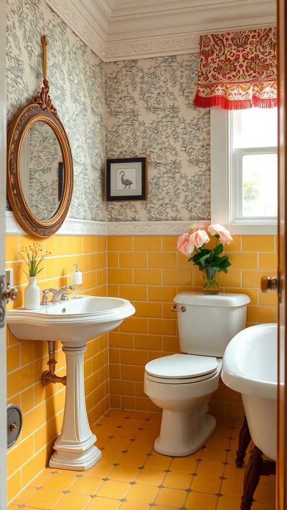 A bright bathroom featuring yellow tile wainscoting, a white pedestal sink, and floral decorations.