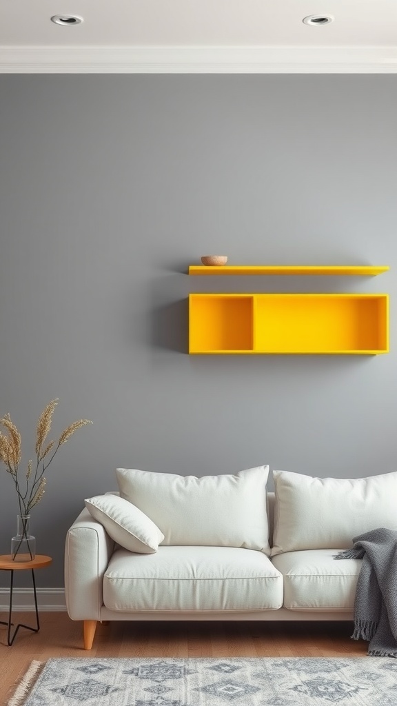 A grey living room featuring yellow wall shelves above a white couch, with a decorative plant and a cozy blanket.