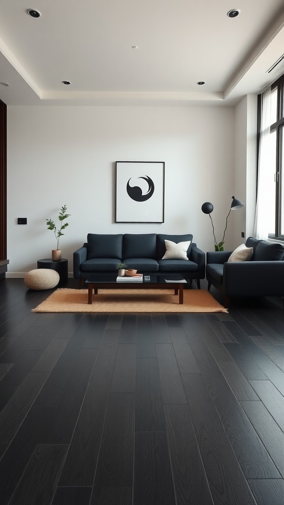 A serene living room featuring black floorboards, a dark sofa, minimalist decor, and natural elements.