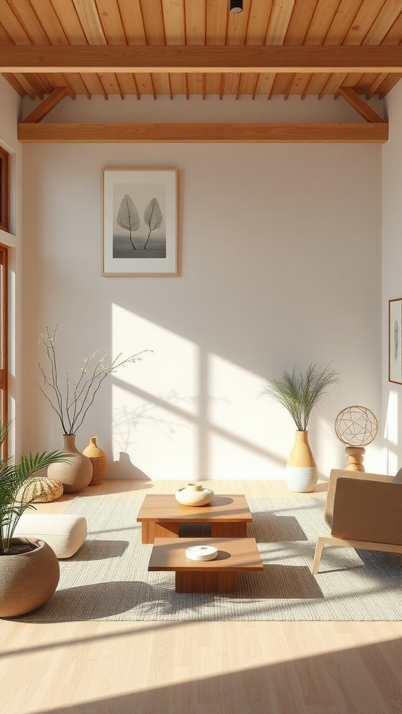 A serene and minimalist living room with natural light, wooden furniture, and plants.