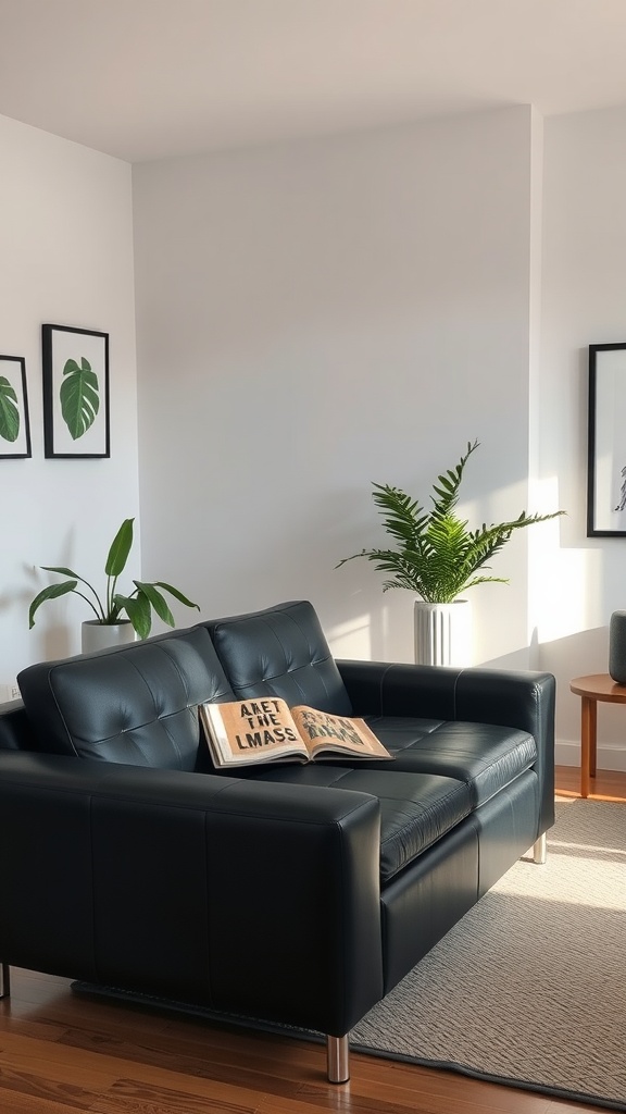 A black leather couch in a bright, serene living room with plants and artwork.