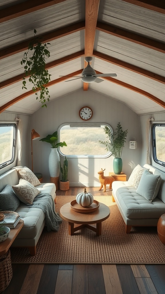 Zen-inspired trailer living room with natural elements, featuring cozy sofas, plants, and warm decor.