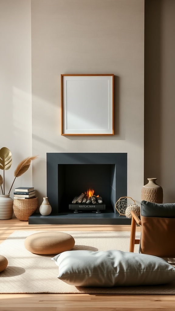 A zen-inspired living room featuring a black fireplace, soft floor pillows, plants, and minimalist decor.