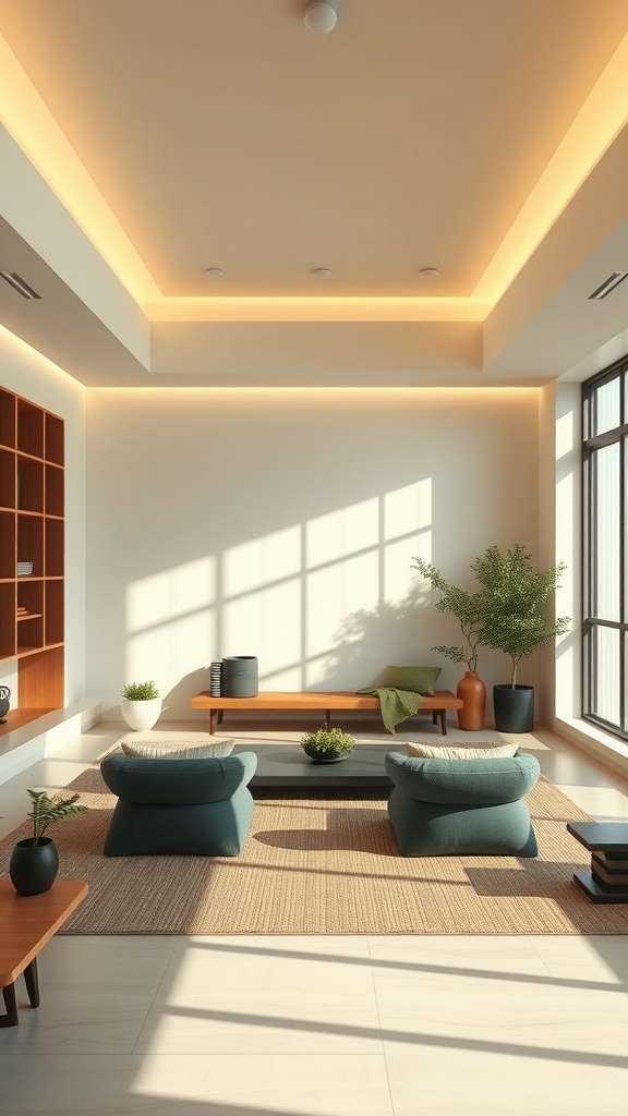 A cozy sunken living room with a Zen-inspired meditation corner featuring plush chairs, natural lighting, and minimal decor.