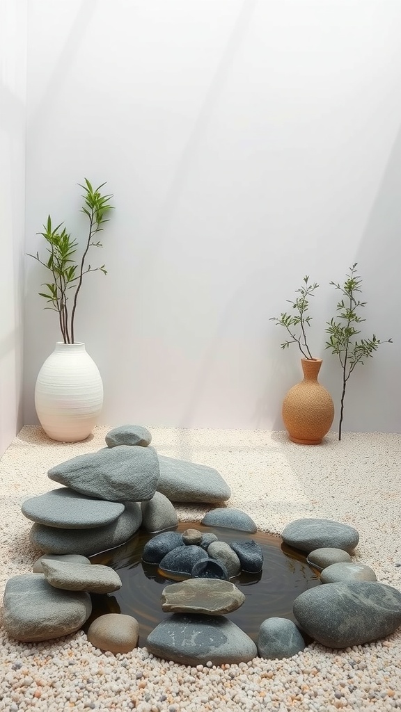 A serene Zen garden with smooth stones surrounding a small pond, complemented by potted plants.