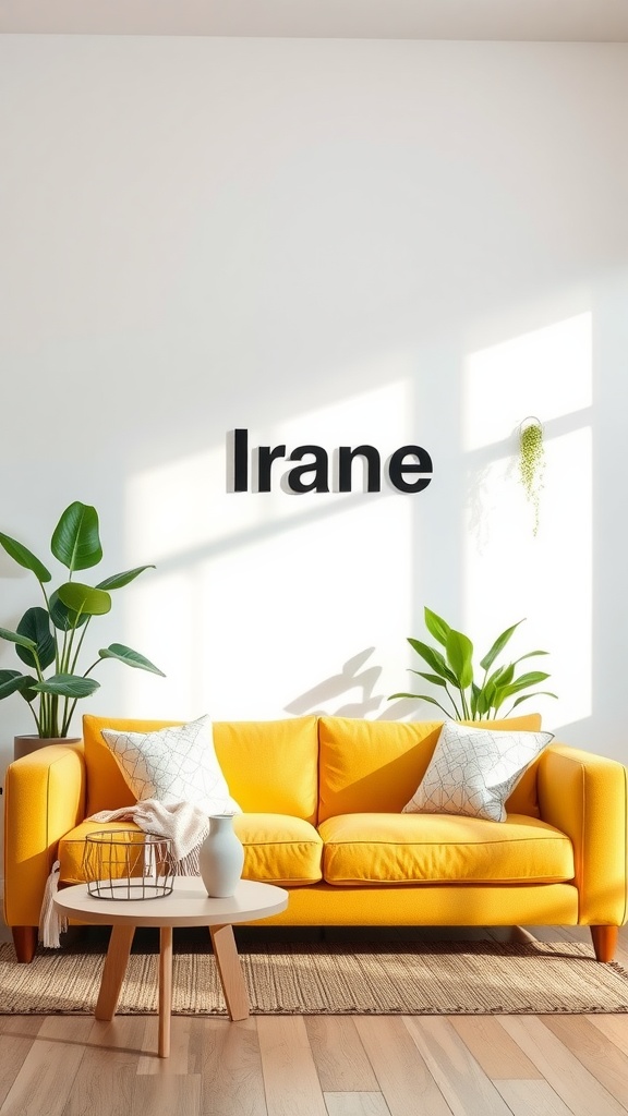 A cozy living room featuring a yellow couch, green plants, and a minimalistic coffee table.