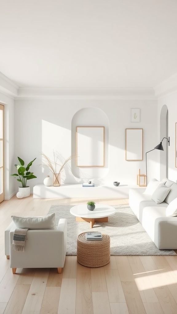 A bright, minimalist white living room with natural light, a cozy couch, and greenery.