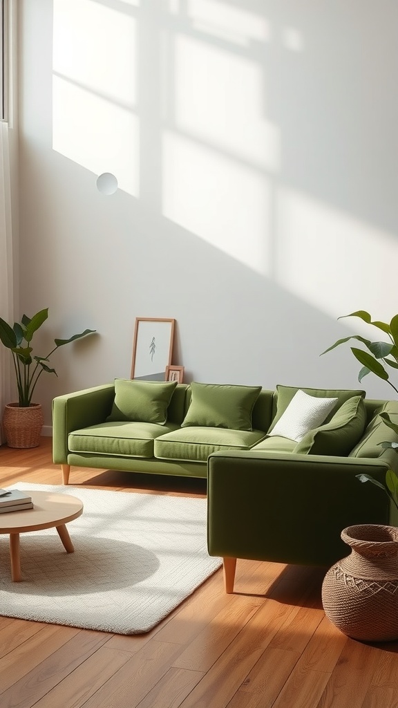 A serene living room featuring a green sofa, natural light, and indoor plants