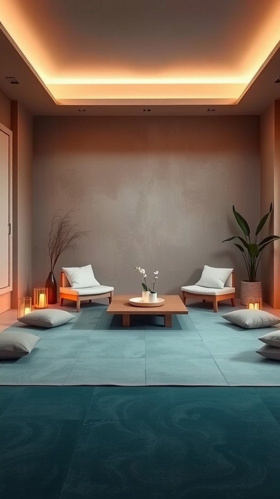 A serene Zen meditation space with comfortable seating, soft lighting, and plants.