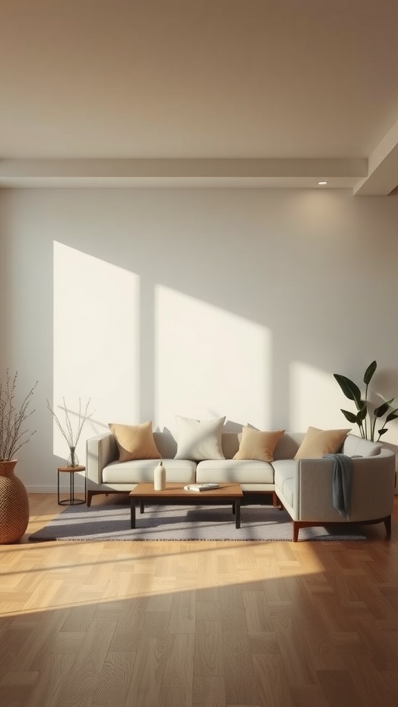 A serene living room with a light sofa, natural light, and minimal decor, perfect for meditation.