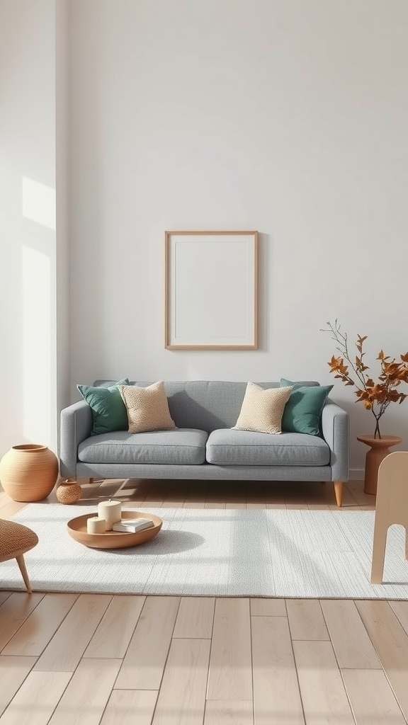 A minimalist living room featuring a grey couch with turquoise and beige cushions, wooden decor, and natural light, creating a calming atmosphere.