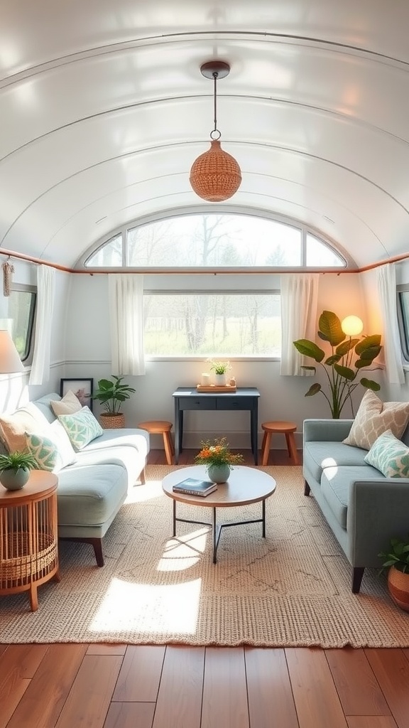 A cozy trailer living room designed as a zen retreat, featuring soft colors, natural light, and indoor plants.