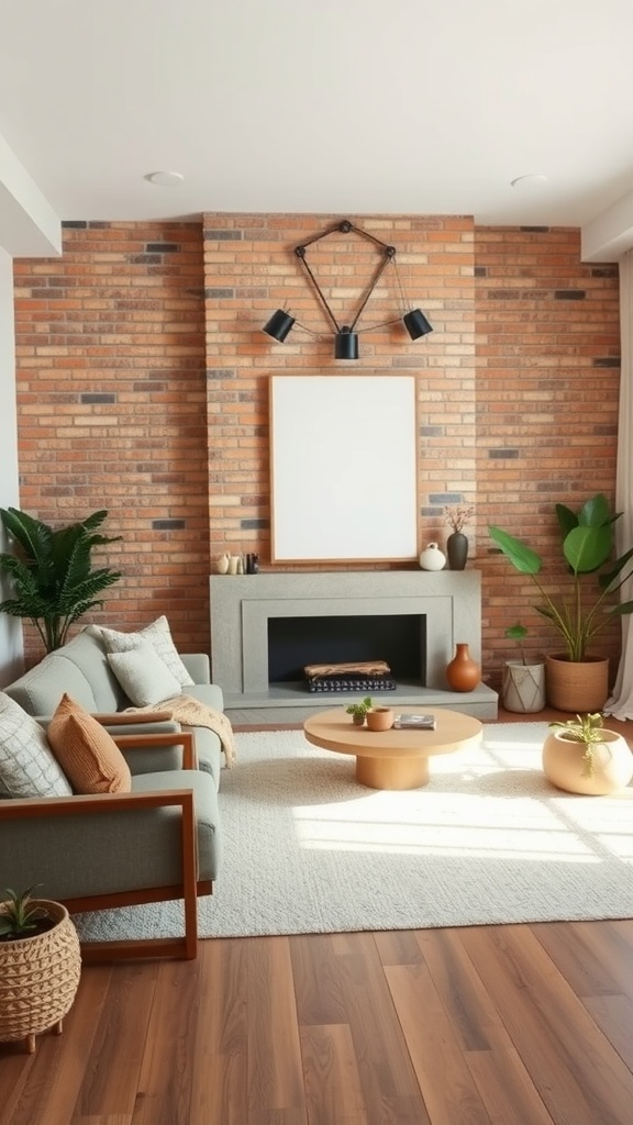 A cozy living room featuring a natural brick accent wall, modern furniture, and plants.