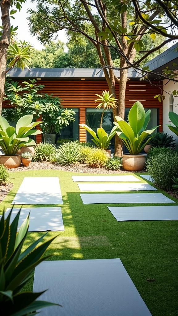 Outdoor Zen yoga space with yoga mats on grass surrounded by lush plants and trees.