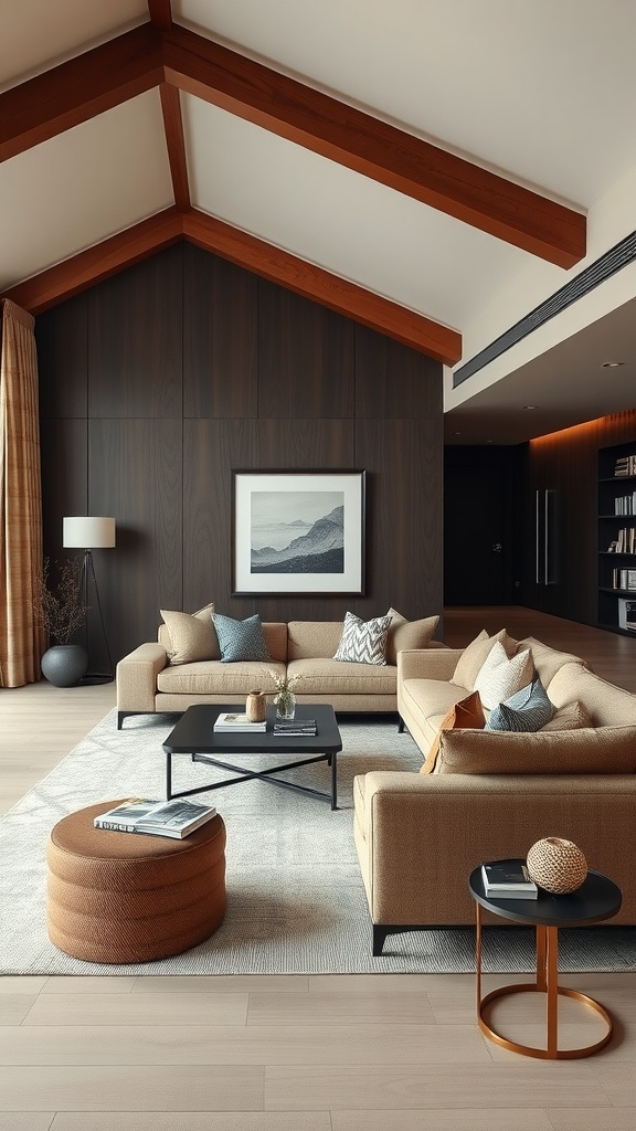 A cozy living room with two sofas, a coffee table, and an ottoman, showcasing a zoned layout