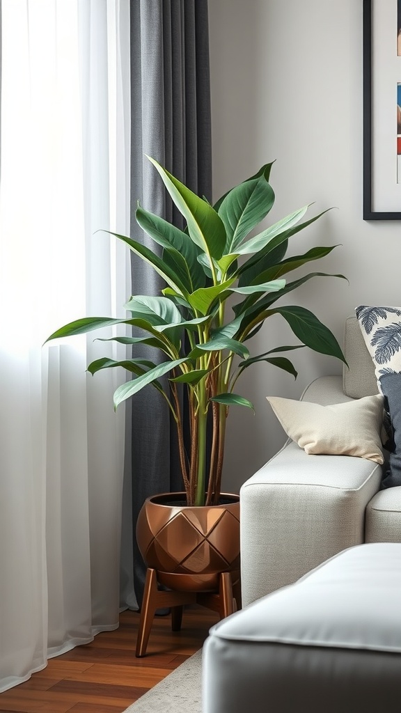 A ZZ plant in a stylish copper planter next to a modern sofa in a living room