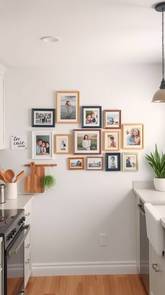 A kitchen accent wall decorated with family photos in various frames.