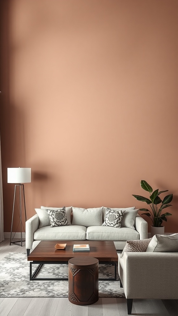 Living room featuring an accent wall painted in a bold color, with light-colored furniture and decor.