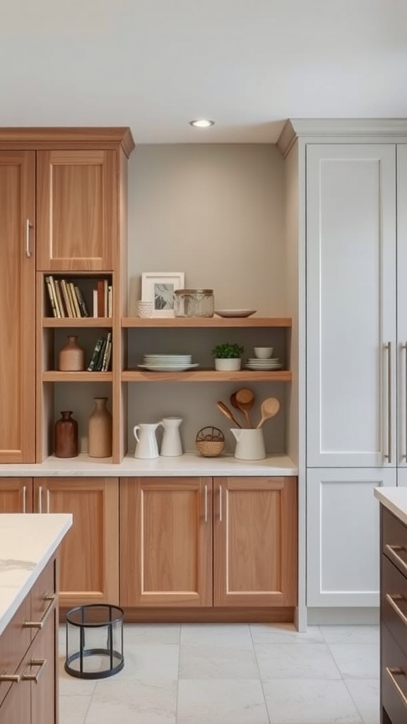 Kitchen accent wall featuring built-in storage with open shelves and cabinetry.