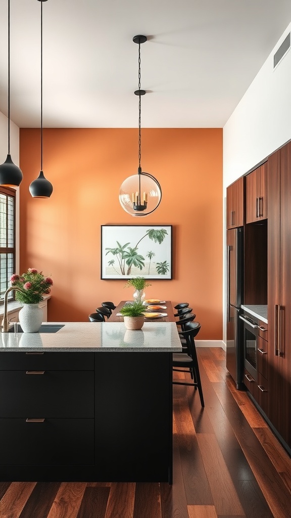 A modern kitchen featuring an orange accent wall, dark cabinetry, and a long dining table.