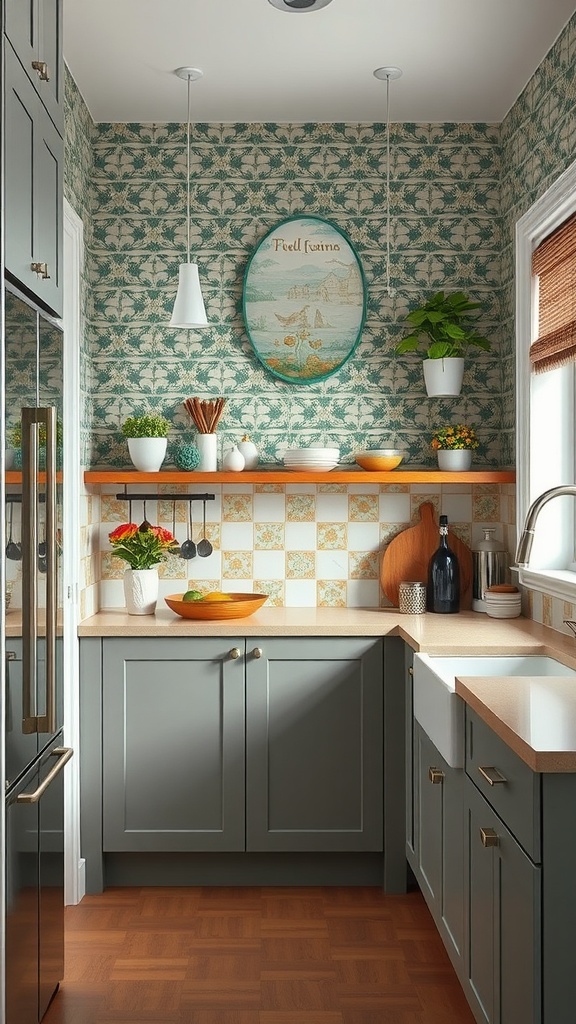 A cozy kitchen featuring a bold patterned accent wall, decorative art, and stylish cabinetry.