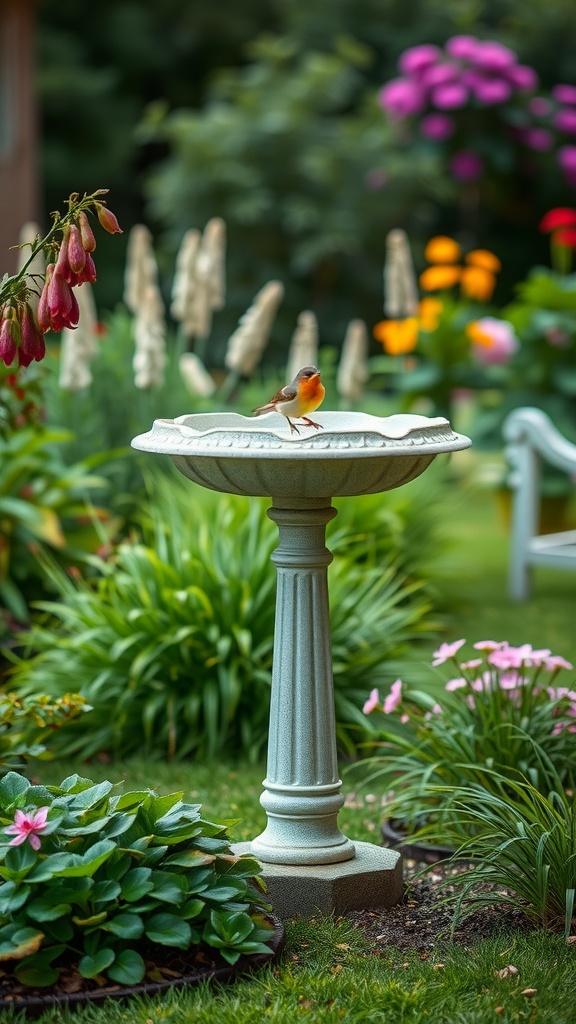 A decorative birdbath surrounded by colorful flowers in a garden setting.