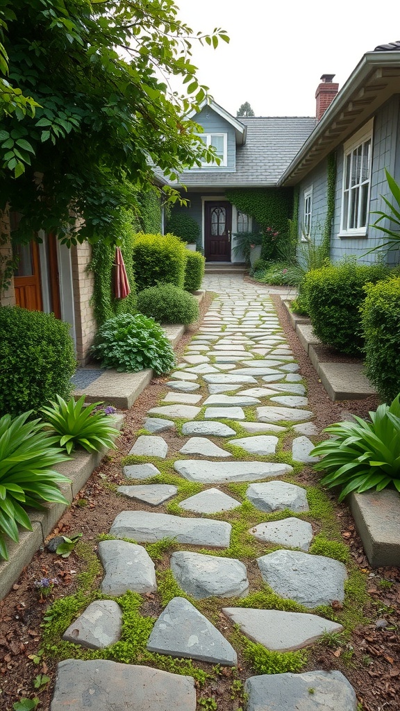 A beautiful garden path made of natural stones, surrounded by lush green plants and bushes.