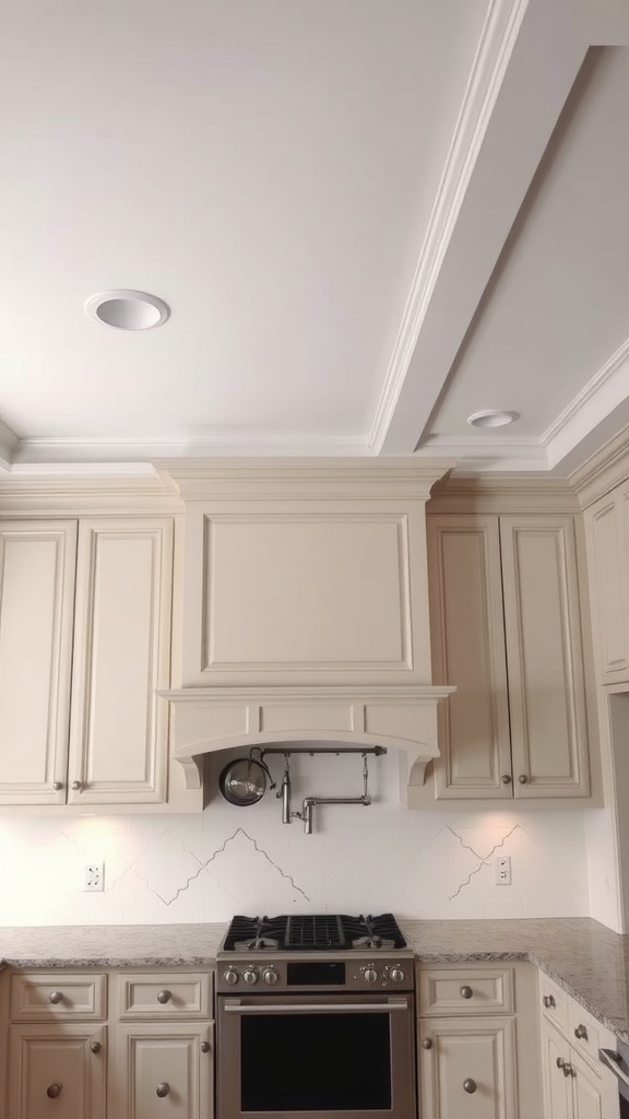 A kitchen with beige cabinets and crown molding, featuring recessed lighting and a modern stove.