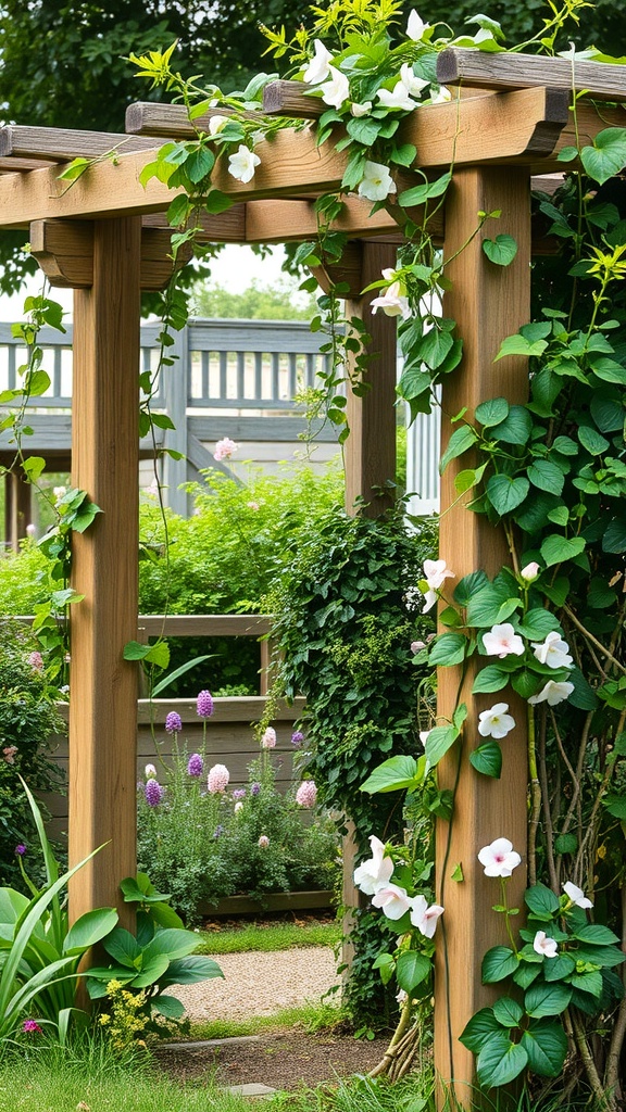 A wooden trellis covered in climbing plants, with flowers and a well-kept garden in the background.