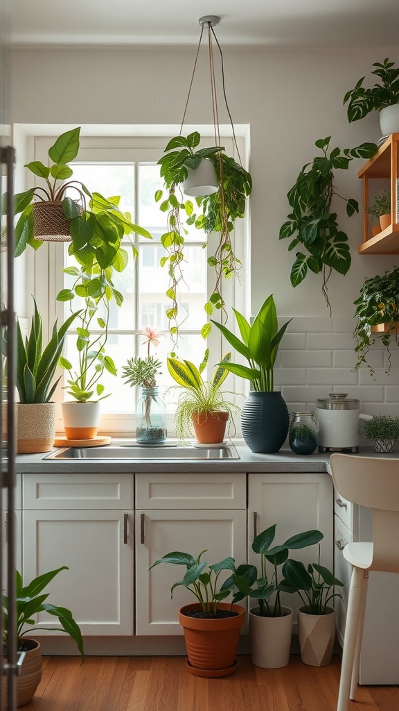 A kitchen with various indoor plants near the window and on the counter, creating a bright and lively atmosphere.