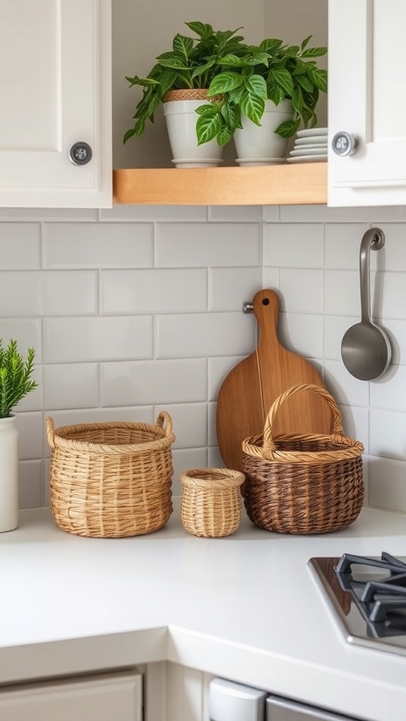 A kitchen countertop featuring woven baskets of varying sizes, with plants above on a shelf.