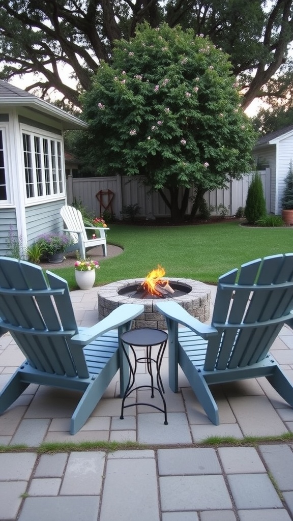 A cozy outdoor scene featuring two teal Adirondack chairs beside a stone fire pit with a small side table in between, set against a lush green lawn and trees.