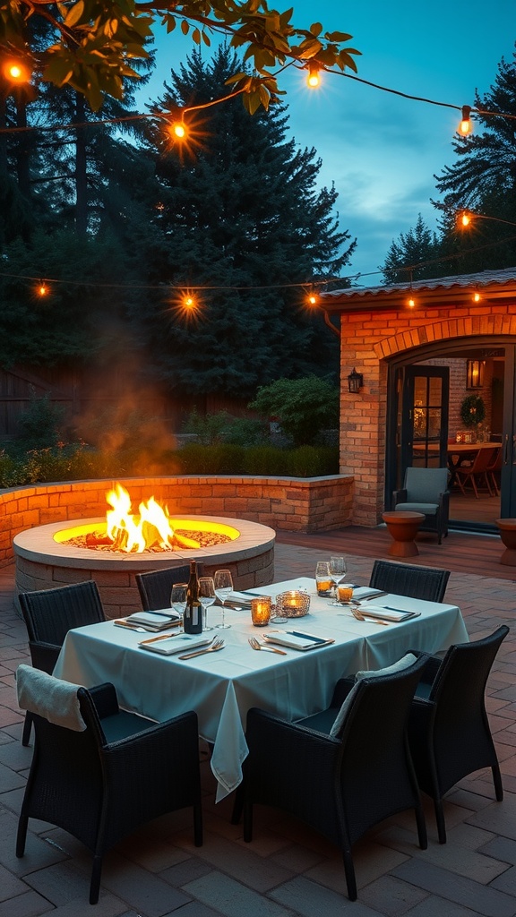 A cozy outdoor dining area with a table set by a fire pit, surrounded by chairs and string lights.