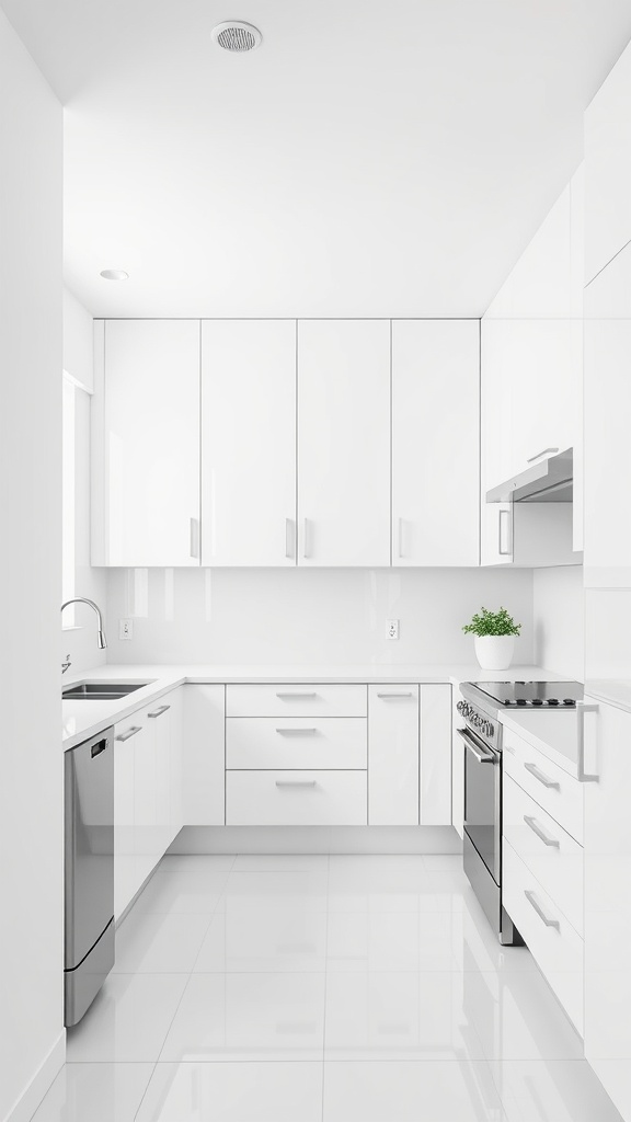 A modern all-white kitchen with high gloss finishes, featuring sleek cabinetry and stainless steel appliances.