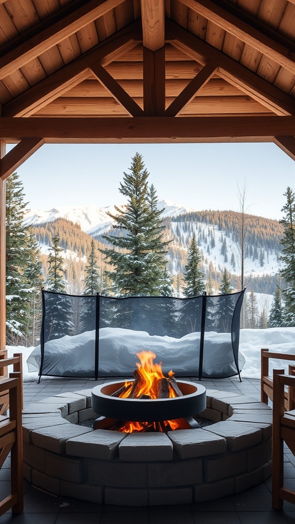 A cozy alpine cabin fire pit surrounded by snow-covered mountains and trees