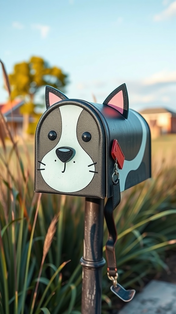 A mailbox designed to look like a dog, featuring a playful face with ears and a happy expression