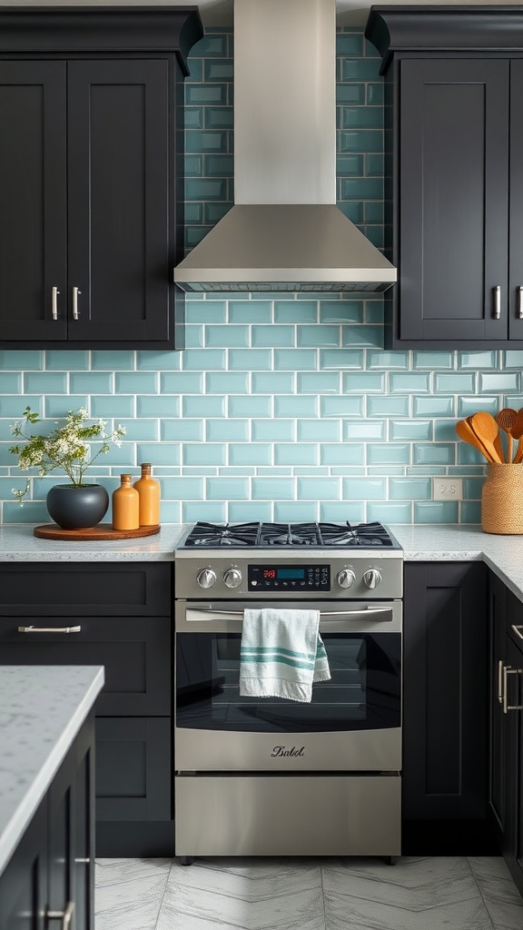 Kitchen featuring aquamarine subway tiles with dark cabinets