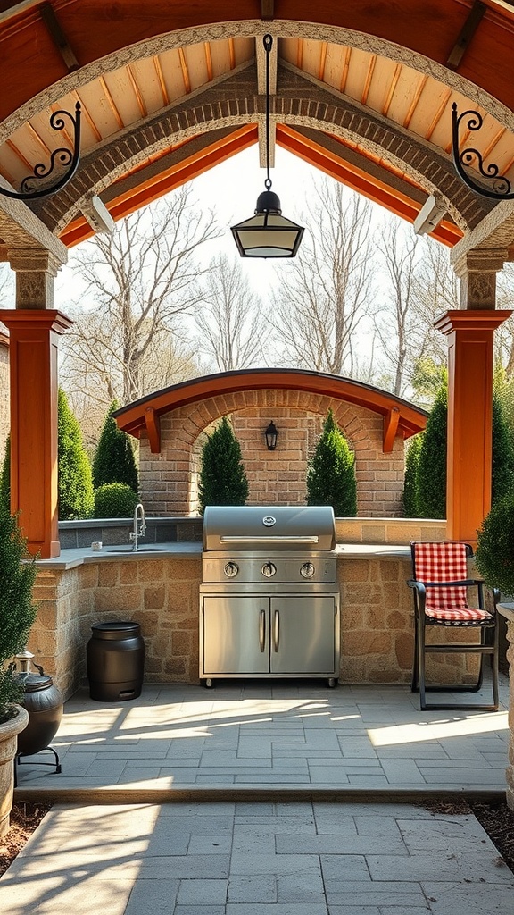 A beautifully designed arched entrance grill gazebo with a stainless steel grill, stone countertop, and cozy seating area.